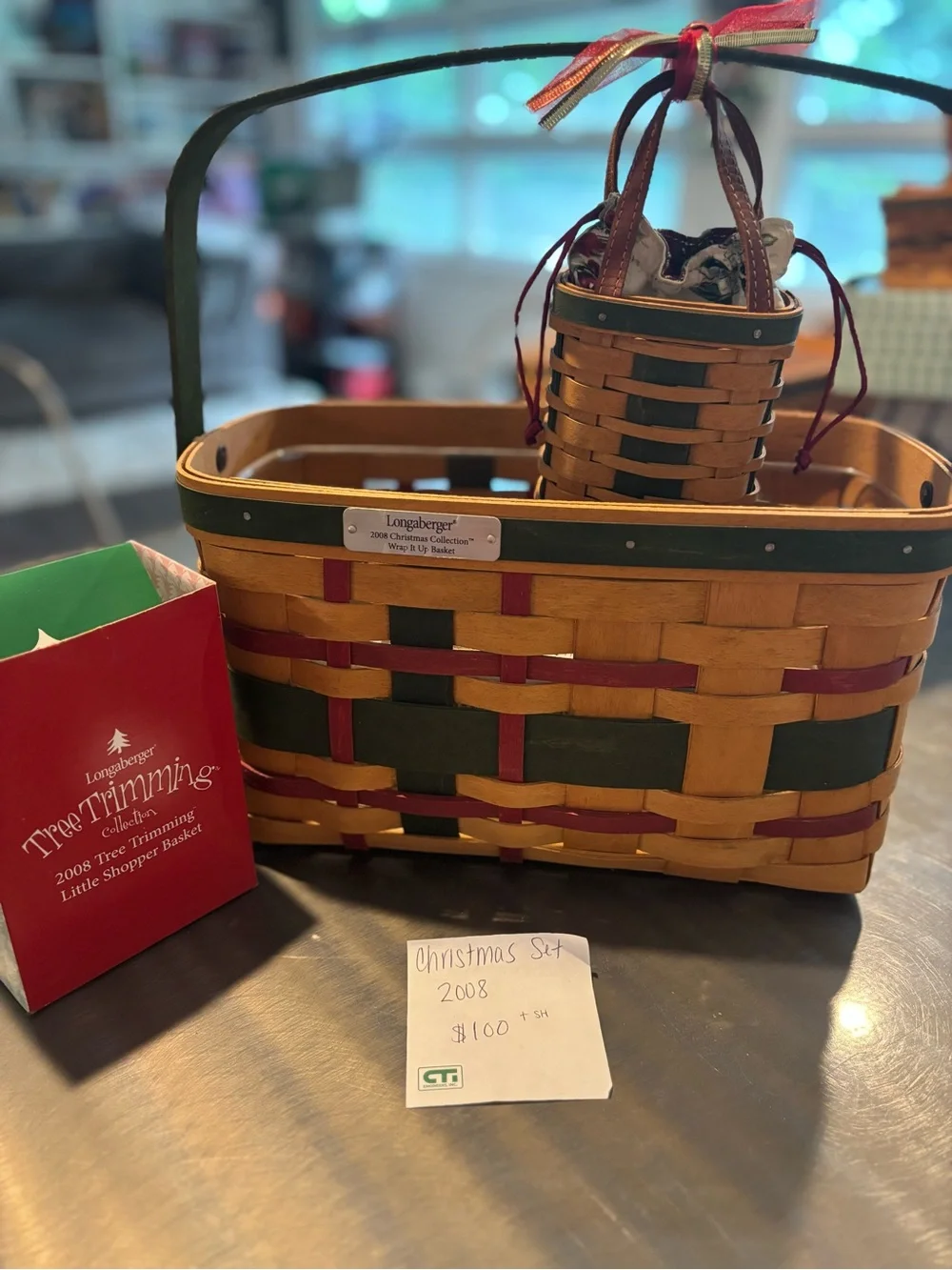 Longaberger Green and Red Woven Holiday Shopper Basket